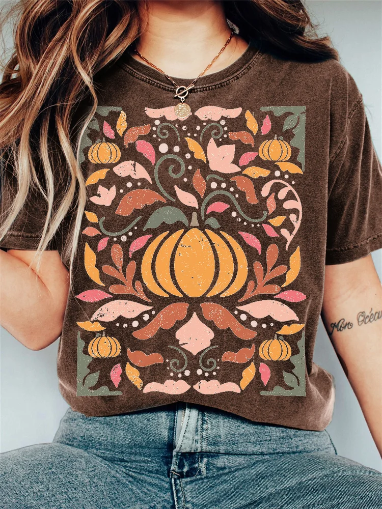 Fall Pumpkin Floral Art Vintage Washed T Shirt