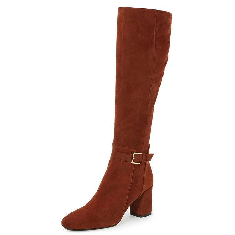 Red Square Toe Boots Vegan Suede Block Heel Fashion Knee Boots |FSJ Shoes