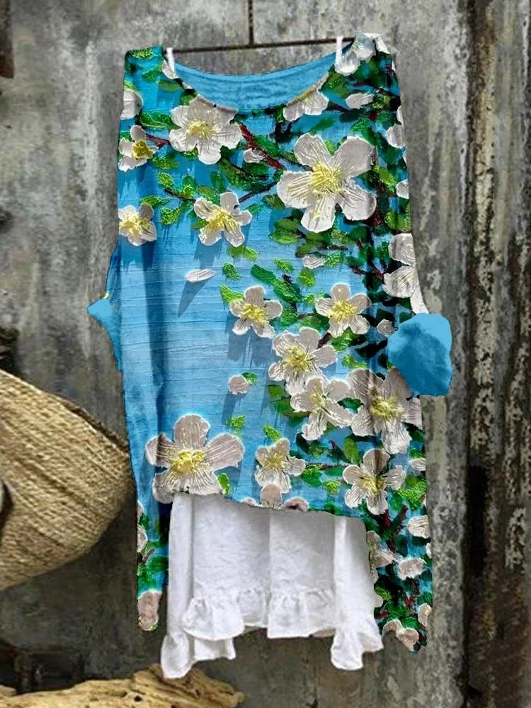 Women's Oil Flower Art Print Casual Linen Cotton Pullover Top