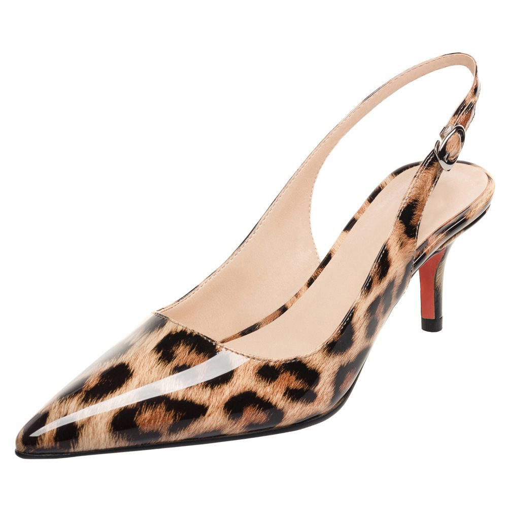 Women's Pointed Toe Slingback Shoes Kitten Heel Pumps Comfortable Dress Leopard Patent Shoes-vocosishoes
