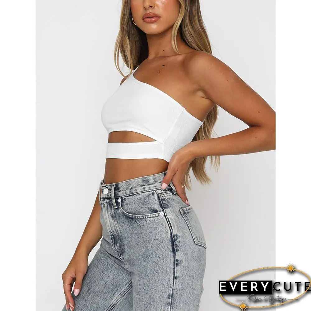 White Rib One Shoulder Crop Top