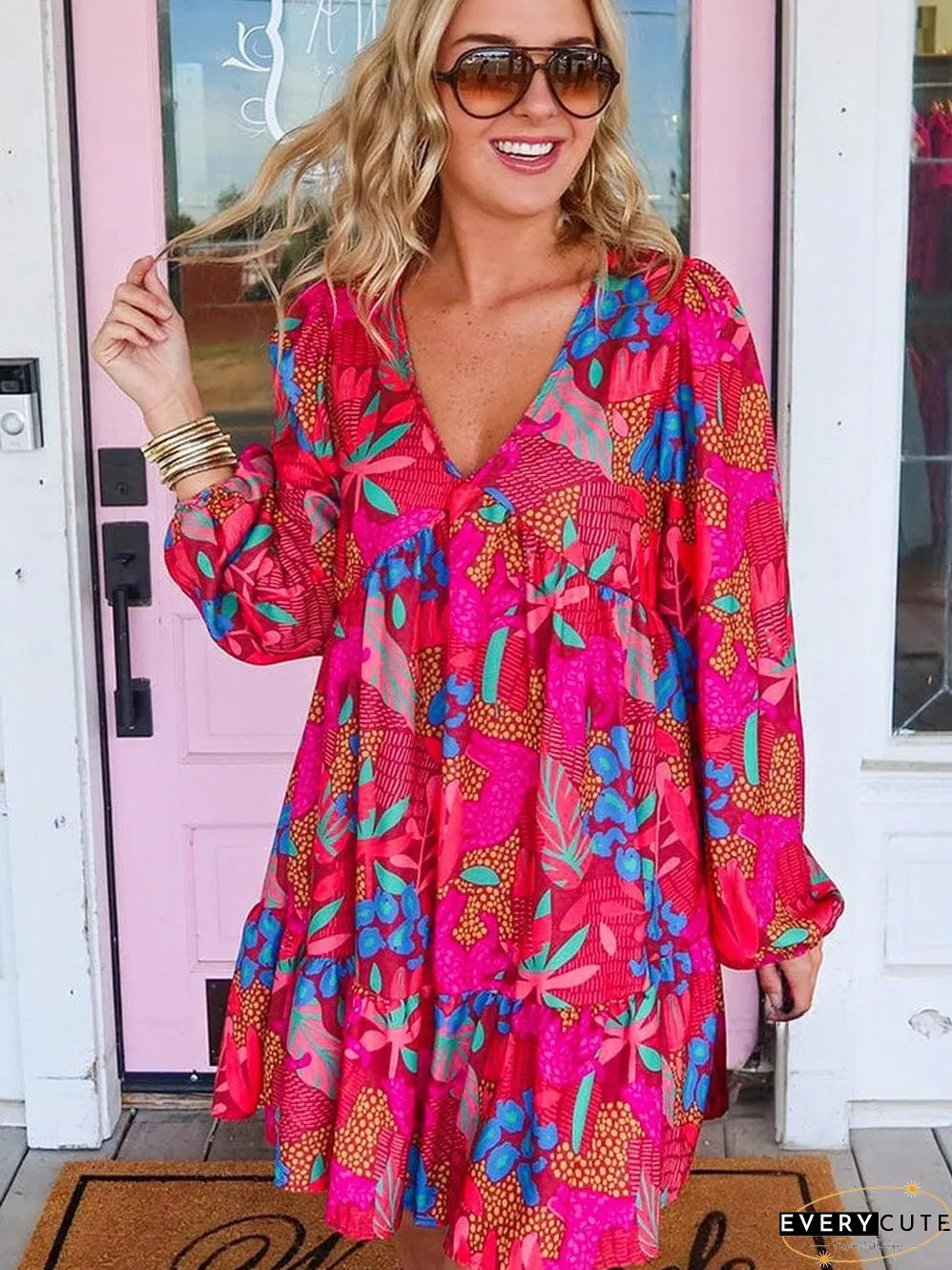 Rose Blossom V Neck Bubble Sleeve Ruffle Detail Mini Dress