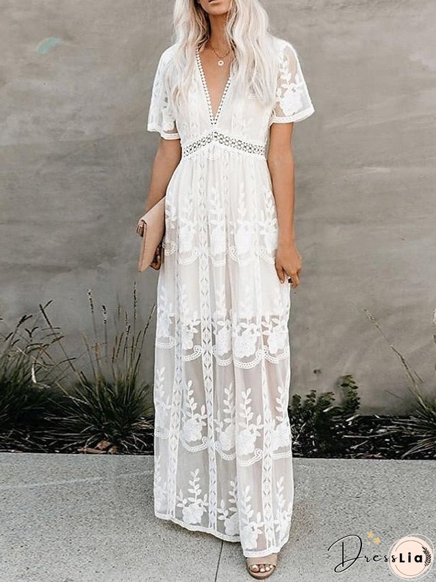 Women's Dress - Party Dress Lace Dress Sheath Dress Long Dress Maxi Dress White Short Sleeve Pure Color Fall Spring Summer Deep V S M L XL XXL