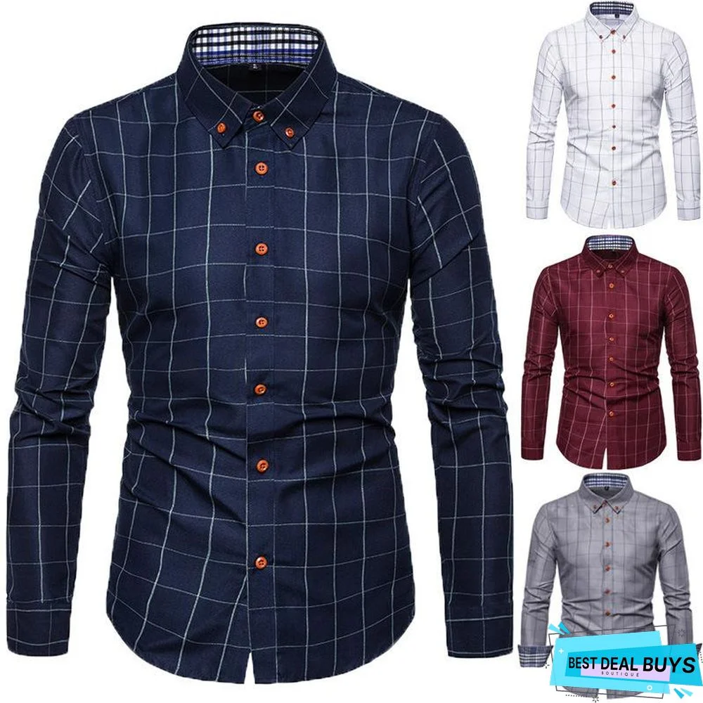 Spring/Autumn Mens Long Sleeve Plaid Cotton Shirts