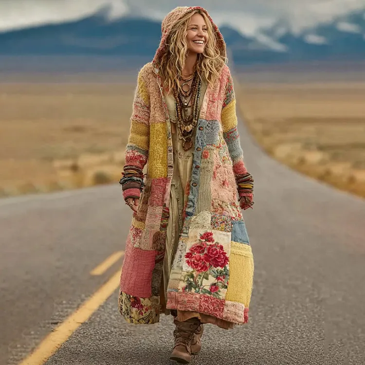 Women's Vintage Patchwork Floral Art Cozy Knit Hooded Long Cardigan