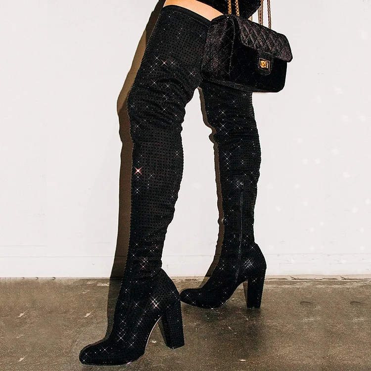 Black Suede Boots Rhinestone Chunky Heel Thigh High Boots |FSJshoes