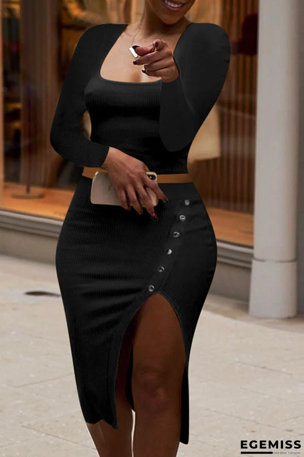 Black Fashion Sexy Solid Patchwork Slit Square Collar Long Sleeve Two Pieces | EGEMISS