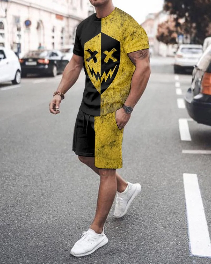 Men's Yellow-black Split-joint Devil Floral Shorts Suit