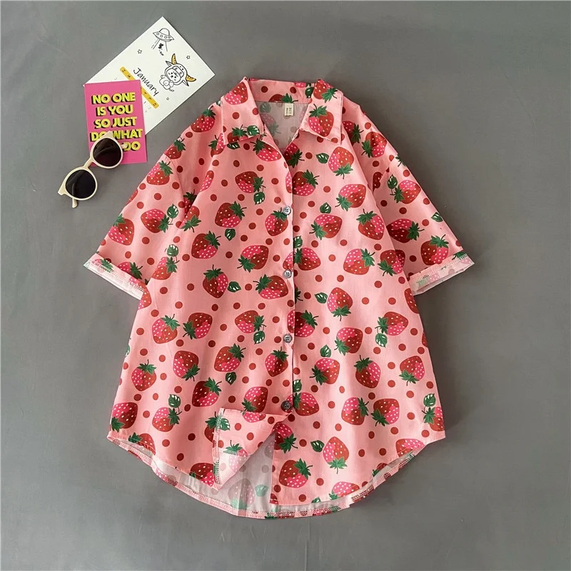 Nigikala Women Tops Strawberry Print Shirts Loose Casual Blouses Streetwear BF Blouse Korean Blusas Mujer De Moda 2020 Verano