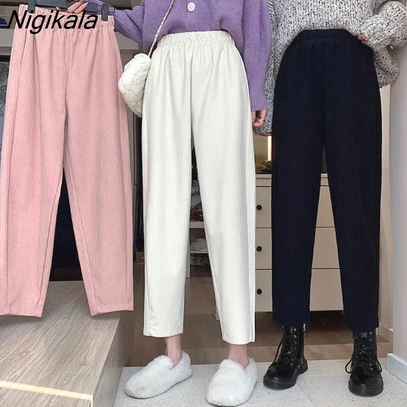 Nigikala Pants Women Winter Aesthetic Thicken Corduroy High Waist Elastic Solid Loose Wide-leg Simple Trendy Chic New Trousers