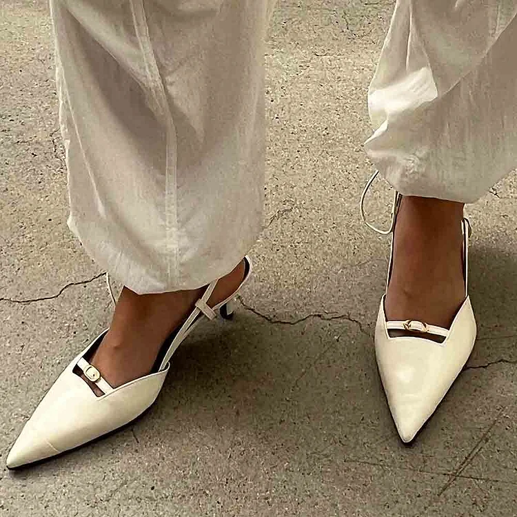 White Strappy Slingback Pumps Elegant Pointed Toe Mule Heels Vdcoo