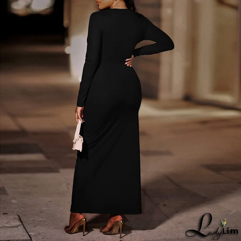 Women's Solid Color Sexy Evening Dress Light Luxury Design Split Dress