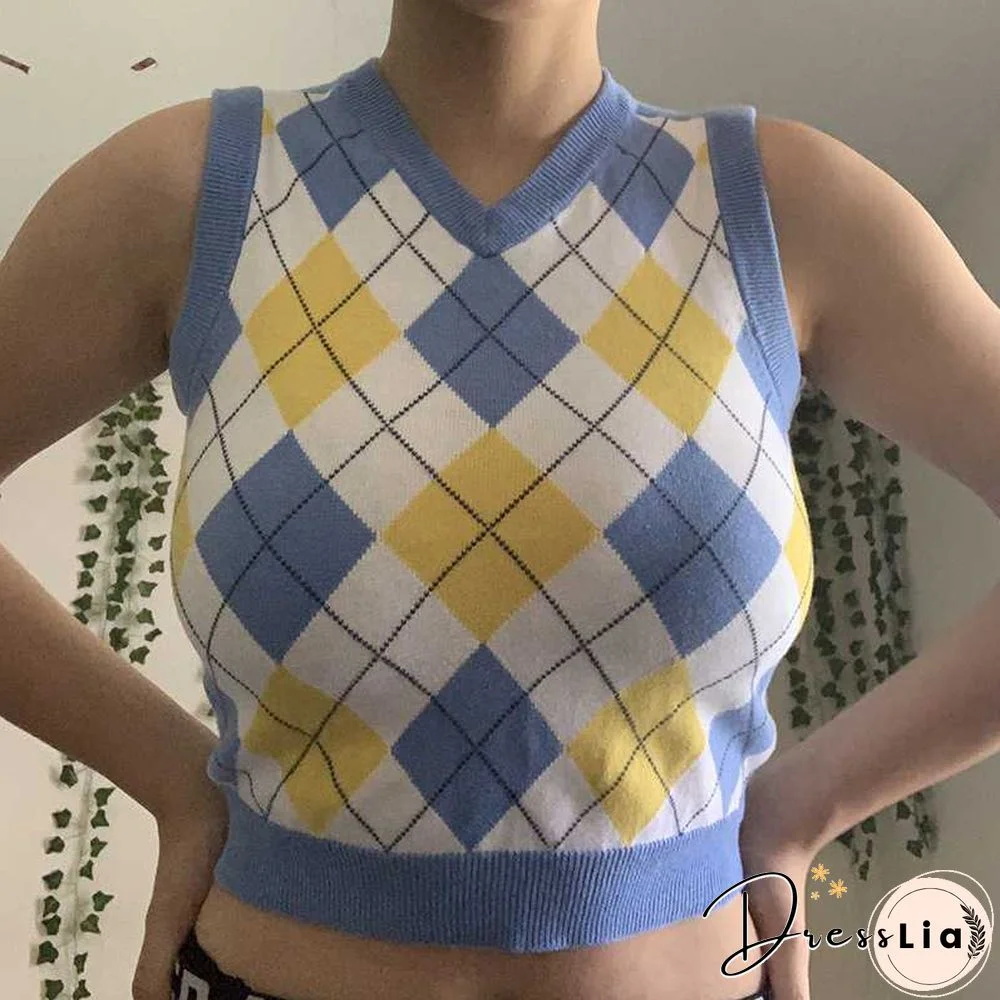 Checkered Cropped Knitted Tank Argyle Sleeveless Jumper