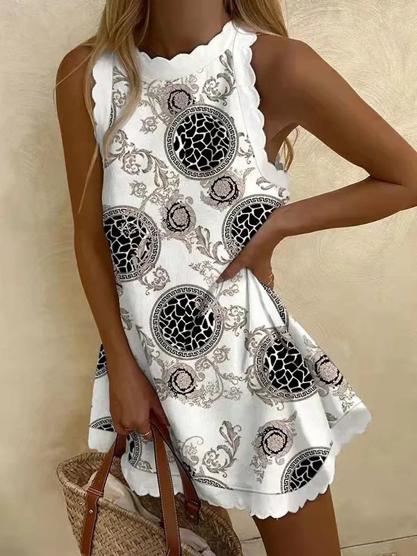 Loose Sleeveless Printed Round-Neck Mini Dresses