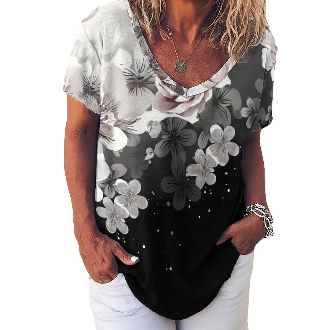 V-neck Short Sleeve Casual T-shirt for  Women Printed with Pattern Floral, Black, Pink