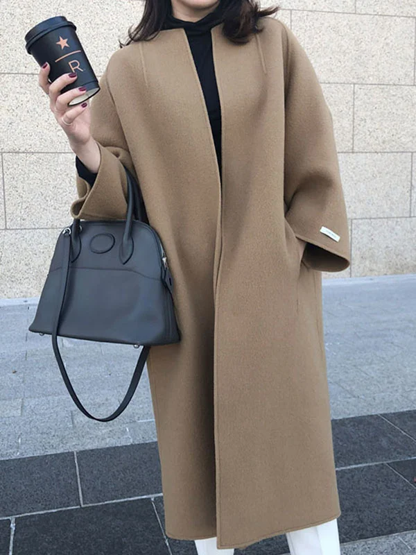 Solid Color Loose Long Sleeves Collarless Woolen Coat