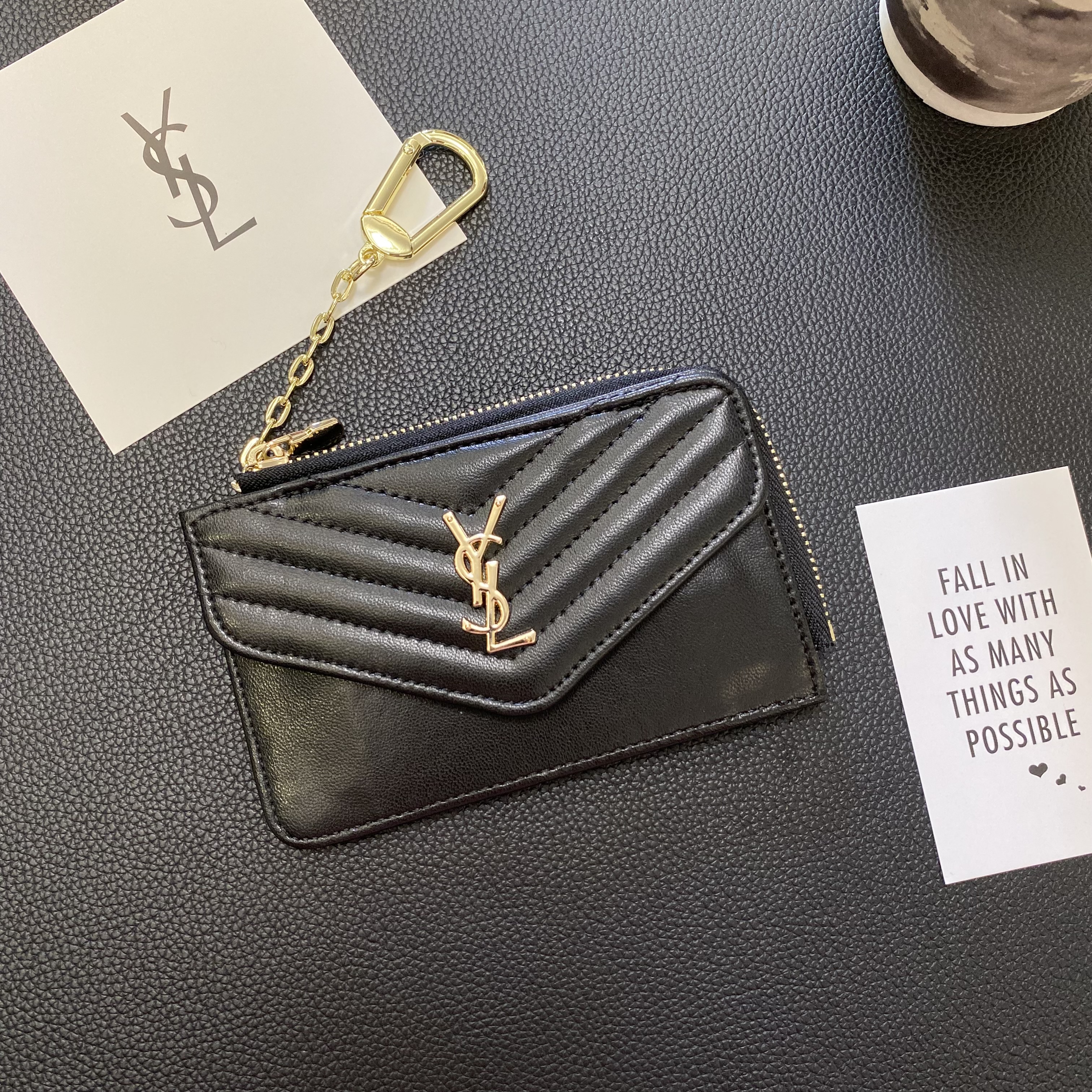 YSL Luxury Genuine Leather Wallet Card Holder Secure Zip Bag