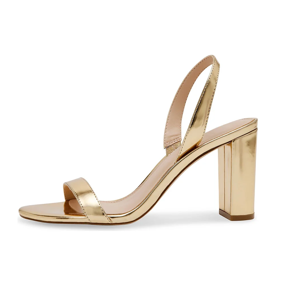 Gold Metallic Finish Round Toe Slingback Simple High Heels Sandals