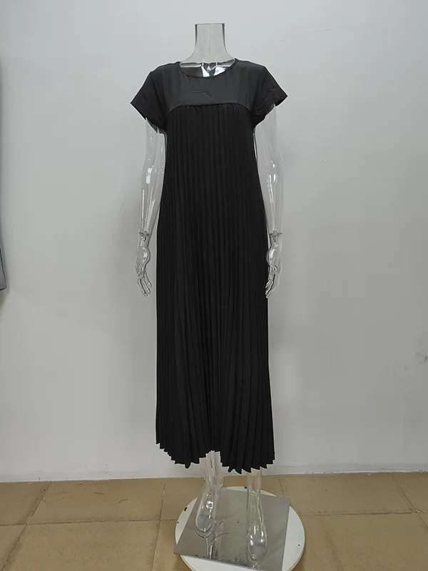 A-Line Wrap Pleated Solid Color Split-Joint V-Neck Maxi Dresses main image 0