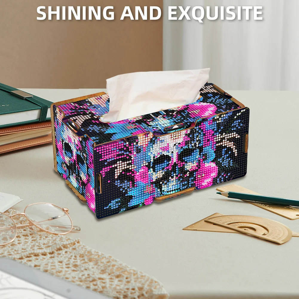 Flower Skull Diamond Painting Tissue Box Wooden Diamond Art Tissue Storage Box
