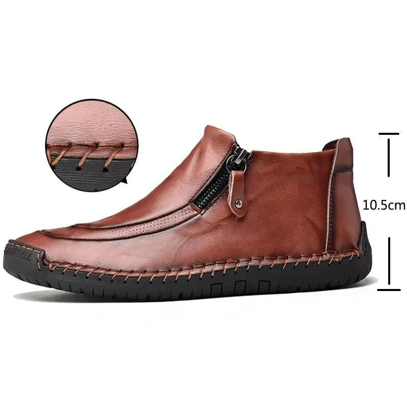 MEN LEATHER HAND STITCHING SIDE ZIPPER COMFY SOFT ANKLE BOOTS