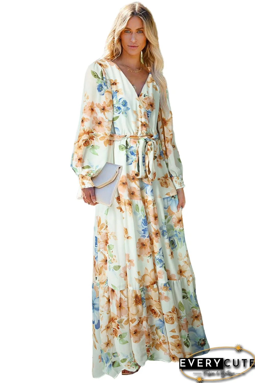 Green Puff Sleeves Empire Waist Floral Print Maxi Dress