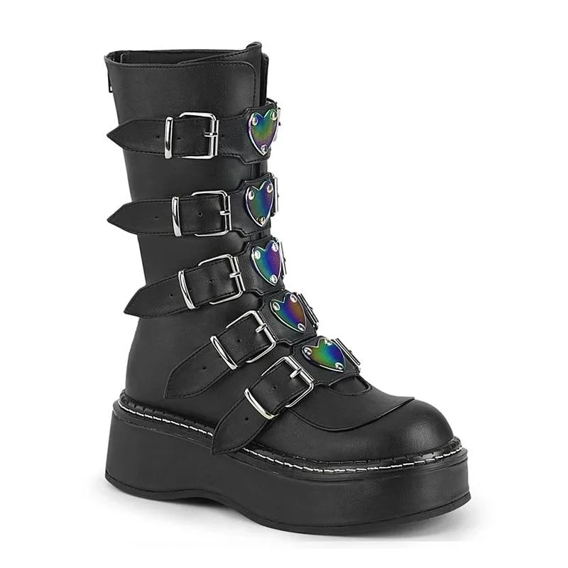 Leather Women Mid-Calf Boots Gothic Style Cool Punk Motorcycles Females Boot Platform Wedges High Heels Calf Boots Women's Shoes 1110