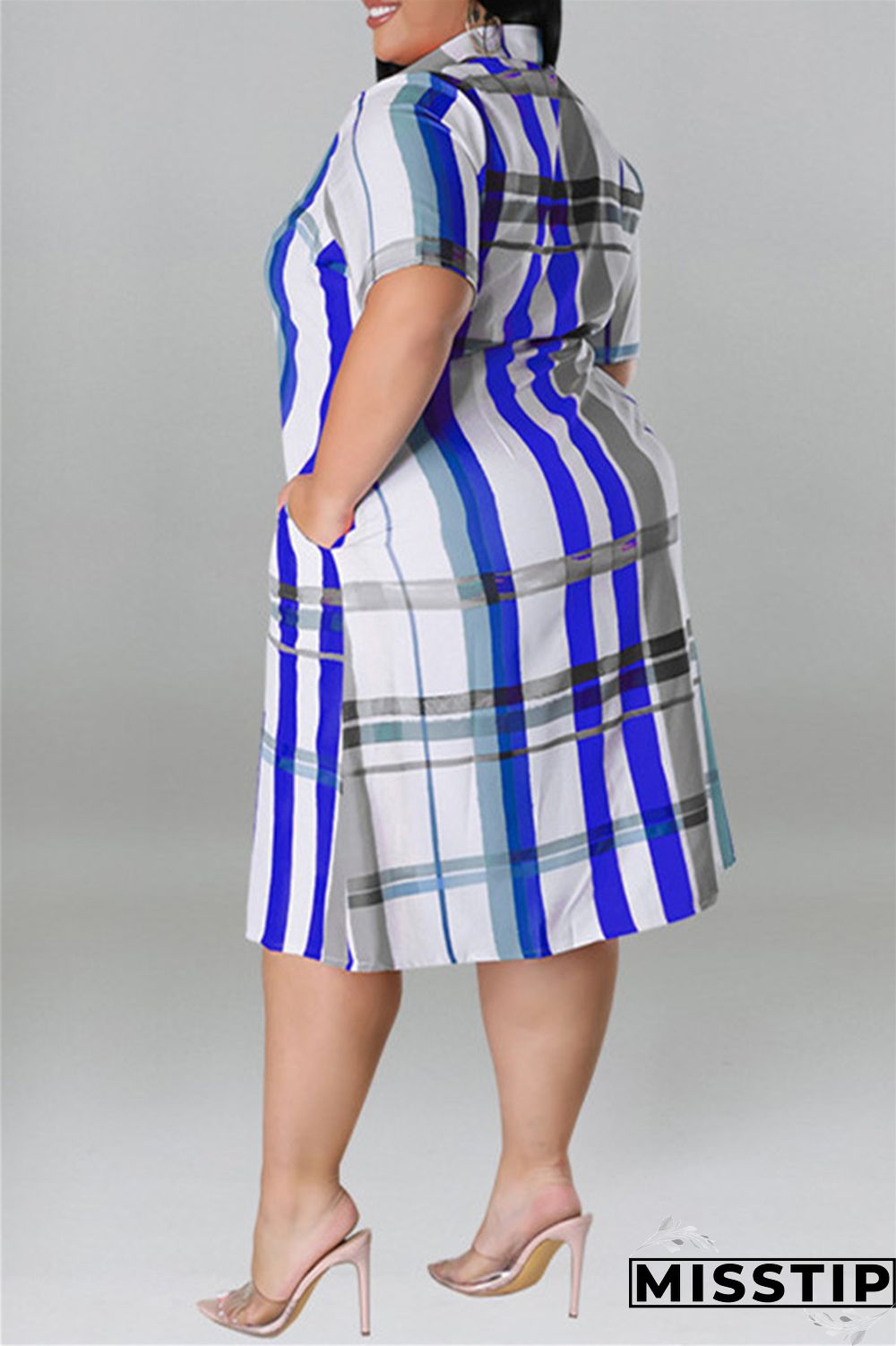 Blue Fashion Casual Plus Size Plaid Print Patchwork Turndown Collar Shirt Dress