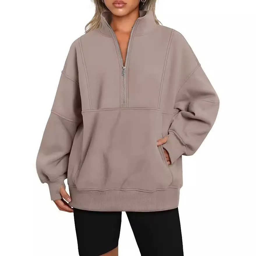 Nigikala Nigikala Women's Pocket Half-Zip Loose Leisure Splicing Collar Plus Velvet