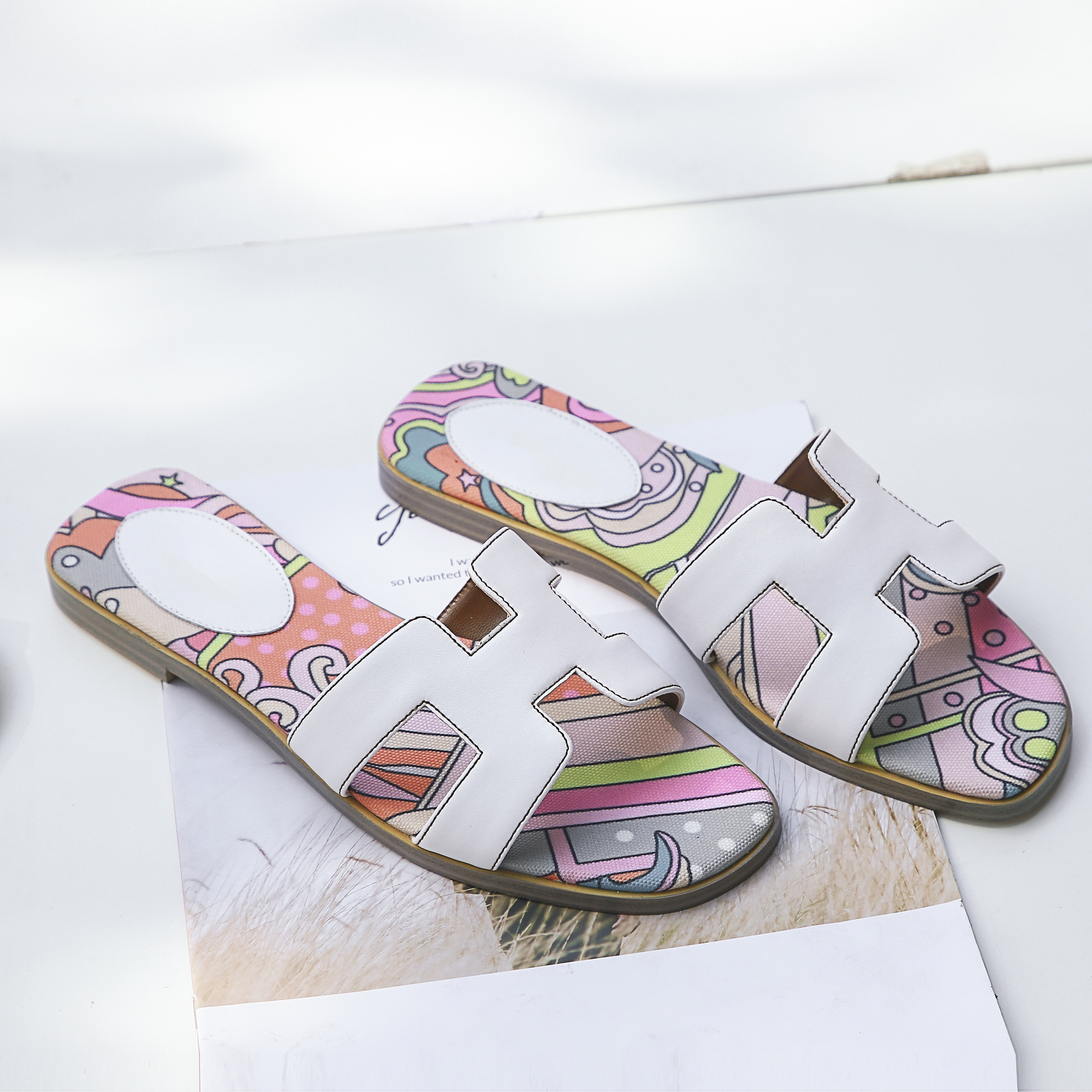 H-shape Leather Slipper White Painted Flats-vocosishoes