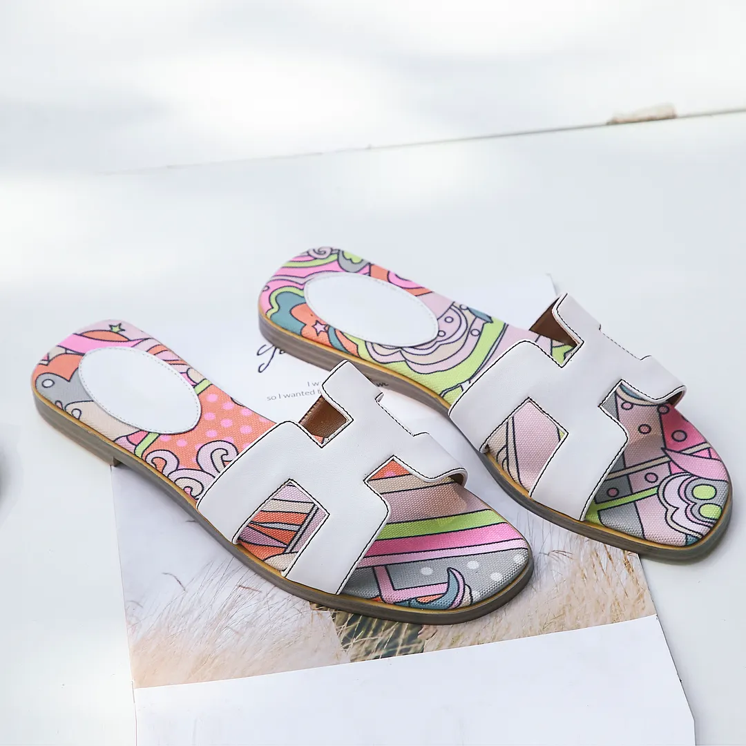 H-shape Leather Slipper White Painted Flats-vocosishoes