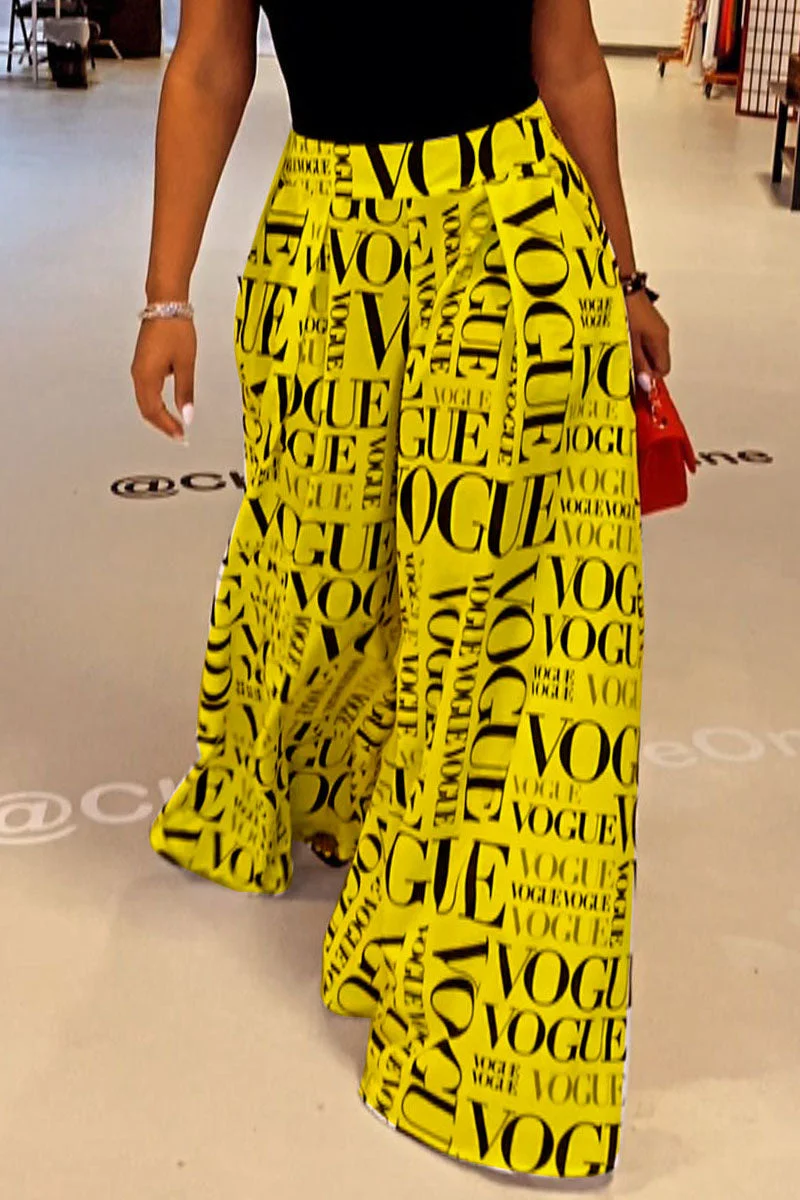 College Print Split Joint Loose High Waist Wide Leg Full Print Bottoms