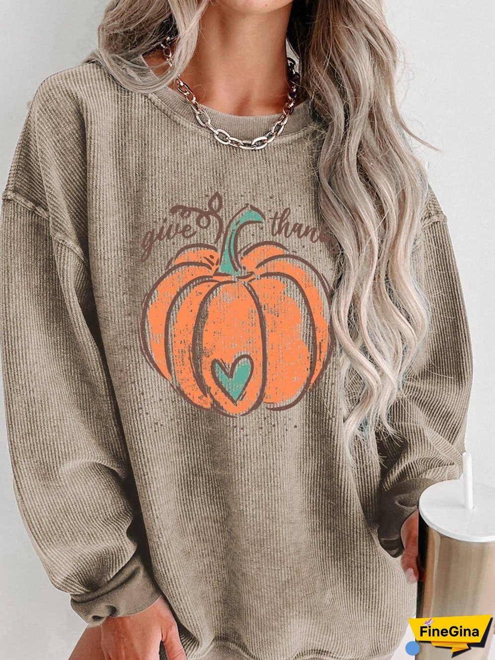 Pumpkin Graphic Corded Sweatshirt with Thankful Vibes