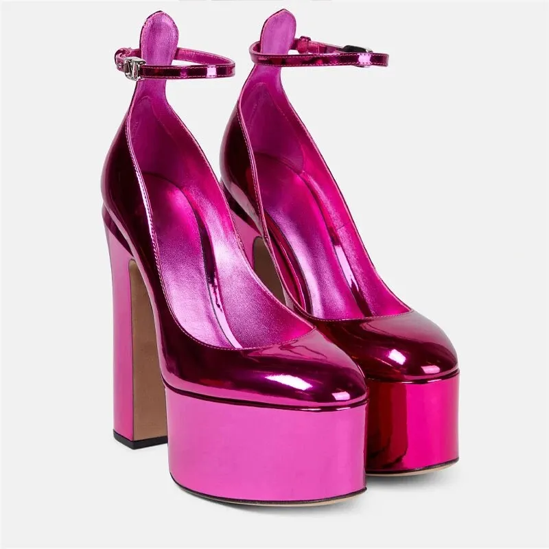 Ladies Roman High Heels Round Toe Thick Sole Heels Thick Heels Metal Decoration One Word Buckle High Heel Pumps 41