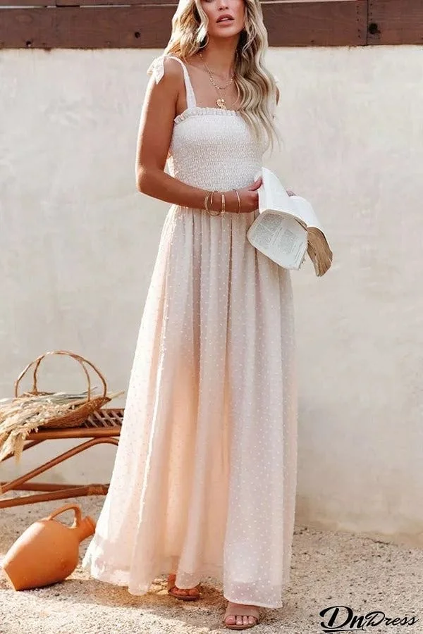 Libra Smocked Swiss Dot Slit Maxi Dress