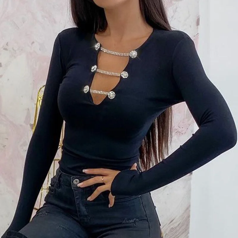 Elegant U Neck Diamond Shirt Pullover Office Lady Sexy Fashion Skinny Blouse 2022 Spring Long Sleeve Women Tops Blusa Streetwear