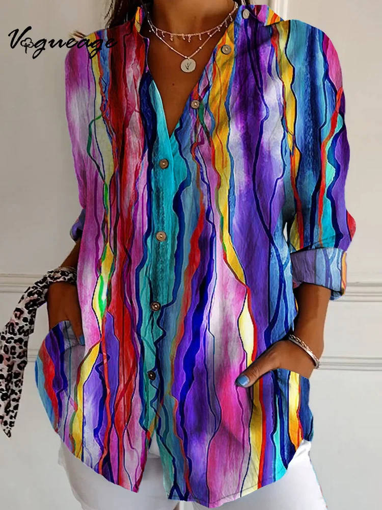 Fashion Design Irregular Color Lines Long Sleeves Printed Cotton And Linen Shirt