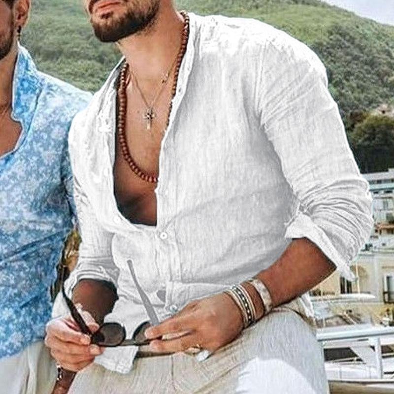 Men's Solid Color Cotton and Linen Lapel Long-sleeved Shirt 66904658X