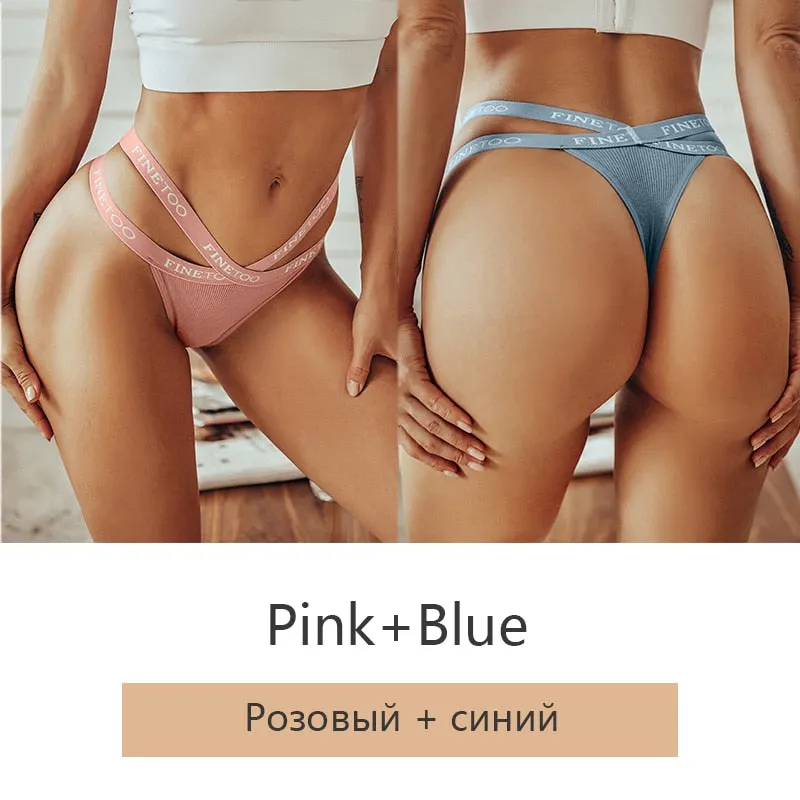 FINETOO 2Pcs/set Sexy Thongs Women Cotton G-string Panties Letter Bikini Underwear Girls Cross Belt Low-rise Underpants Lingerie