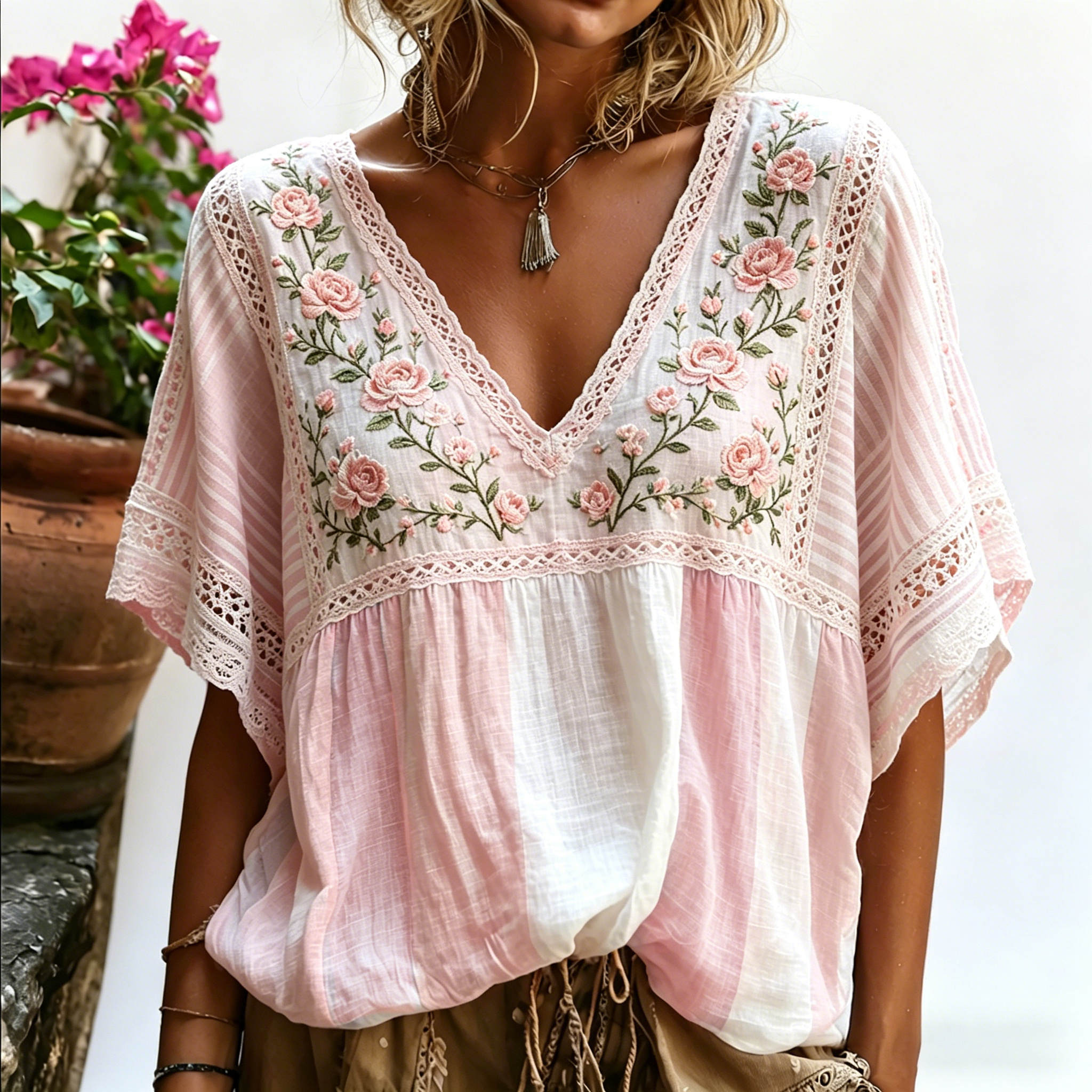 Vintage Rose And Lace Art Embroidery Color-block Splicing Comfortable Cotton Linen V-neck Short Sleeve Top elevenforest