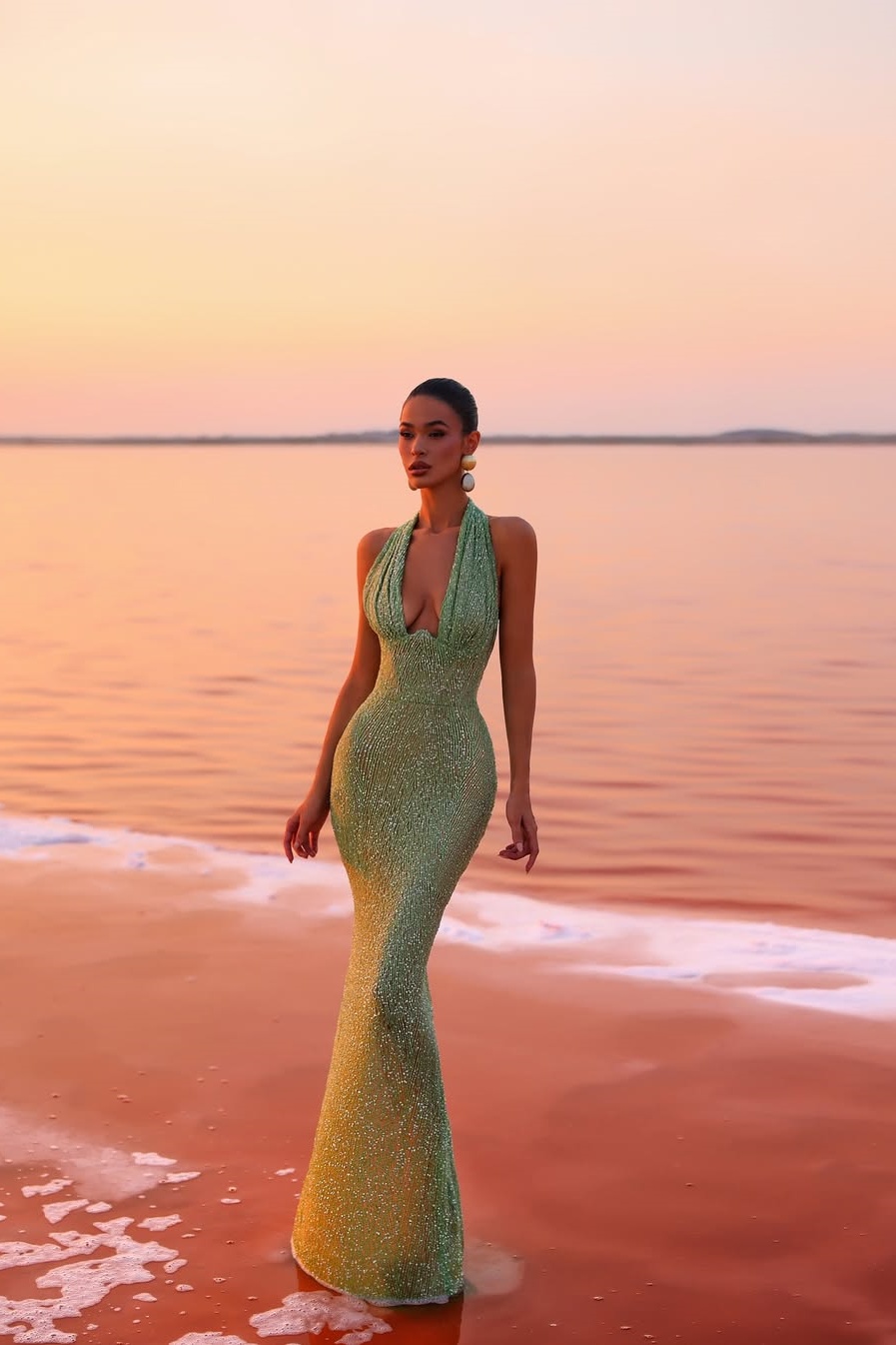 Lisliy Glamorous Sleeveless Halter Straps Deep V-Neck Prom Dress With Beads
