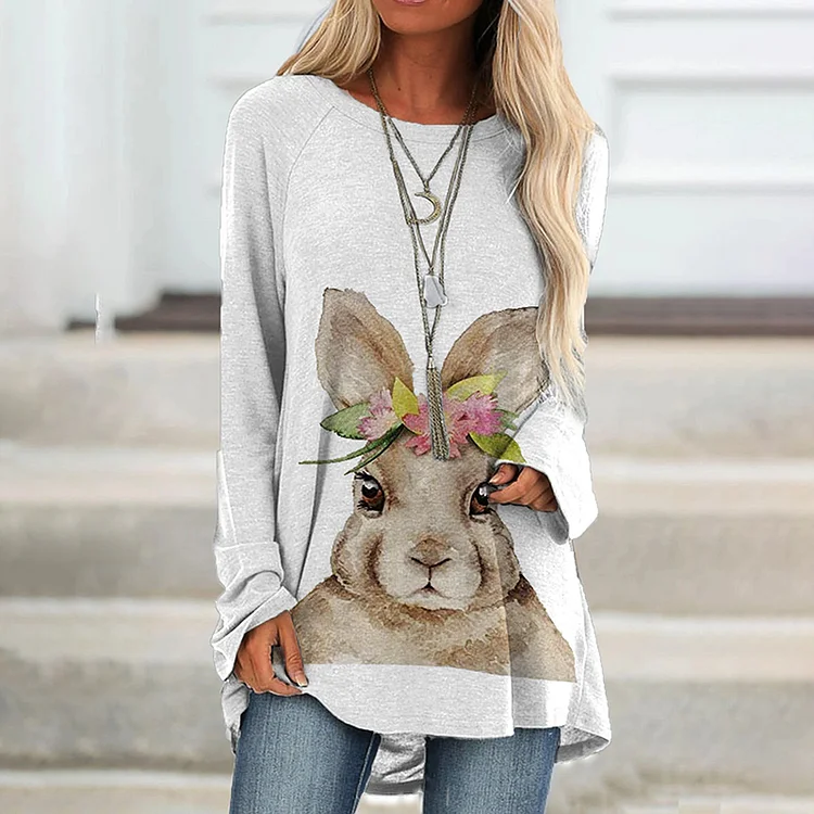 Simple Rabbit Print Long Sleeve Tunic