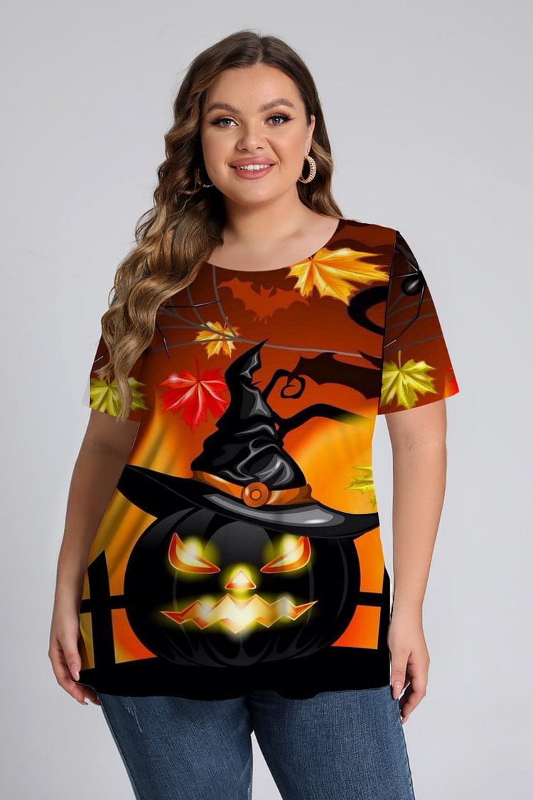 Flycurvy Plus Size Halloween Orange Ombre Pumpkin Graphic Print T-Shirt  flycurvy [product_label]
