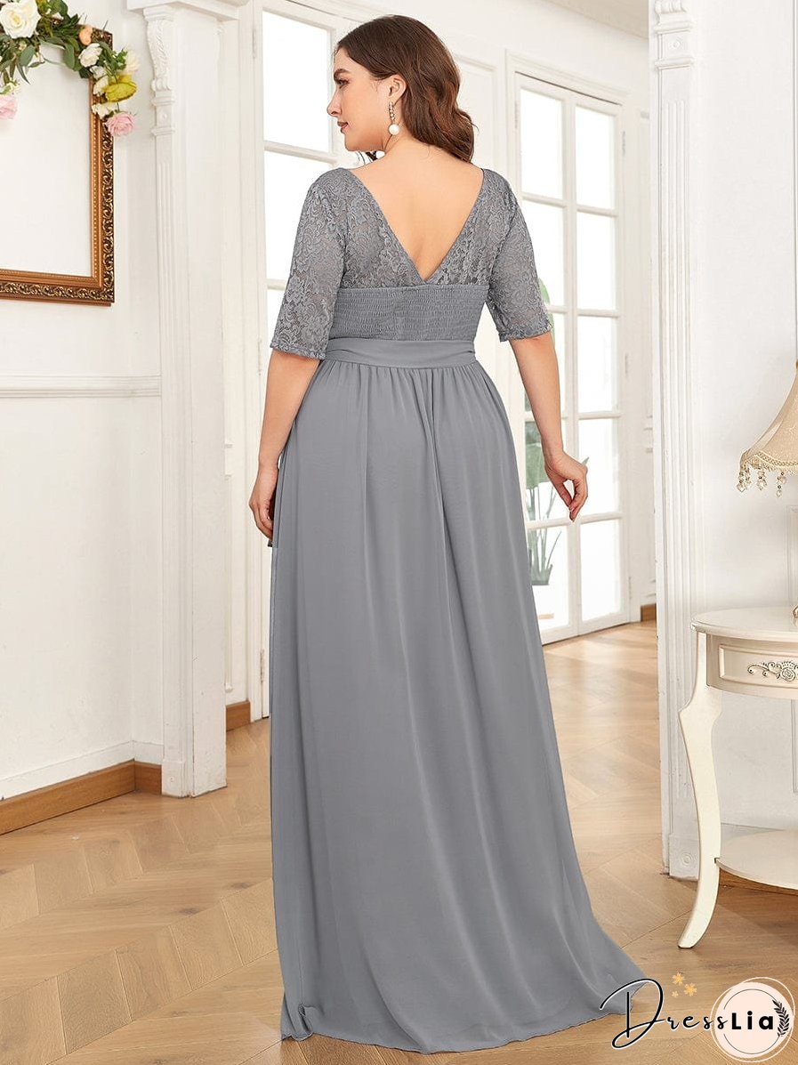 Sophisticated Lace Bodice Chiffon Maxi Evening Gown with Belt for Elegant Occasions