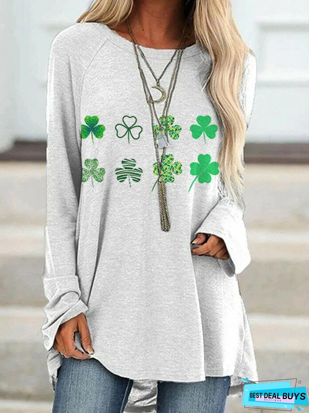 Crew Neck Clover Print Casual Long Sleeve T-shirt