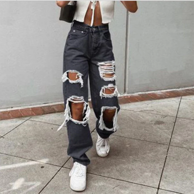 Back to School Women's Fashion  Jeans Casual High Waist Pants Ripped Trousers Women Jeans Retro Denim Ripped Holes Frayed Loose Jeans Women