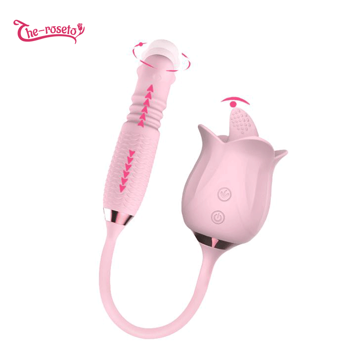 3-in-1 Blooming Sexy Pink Rose Toy Rotating Pearls Telescopic Tongue-licking Vibrator