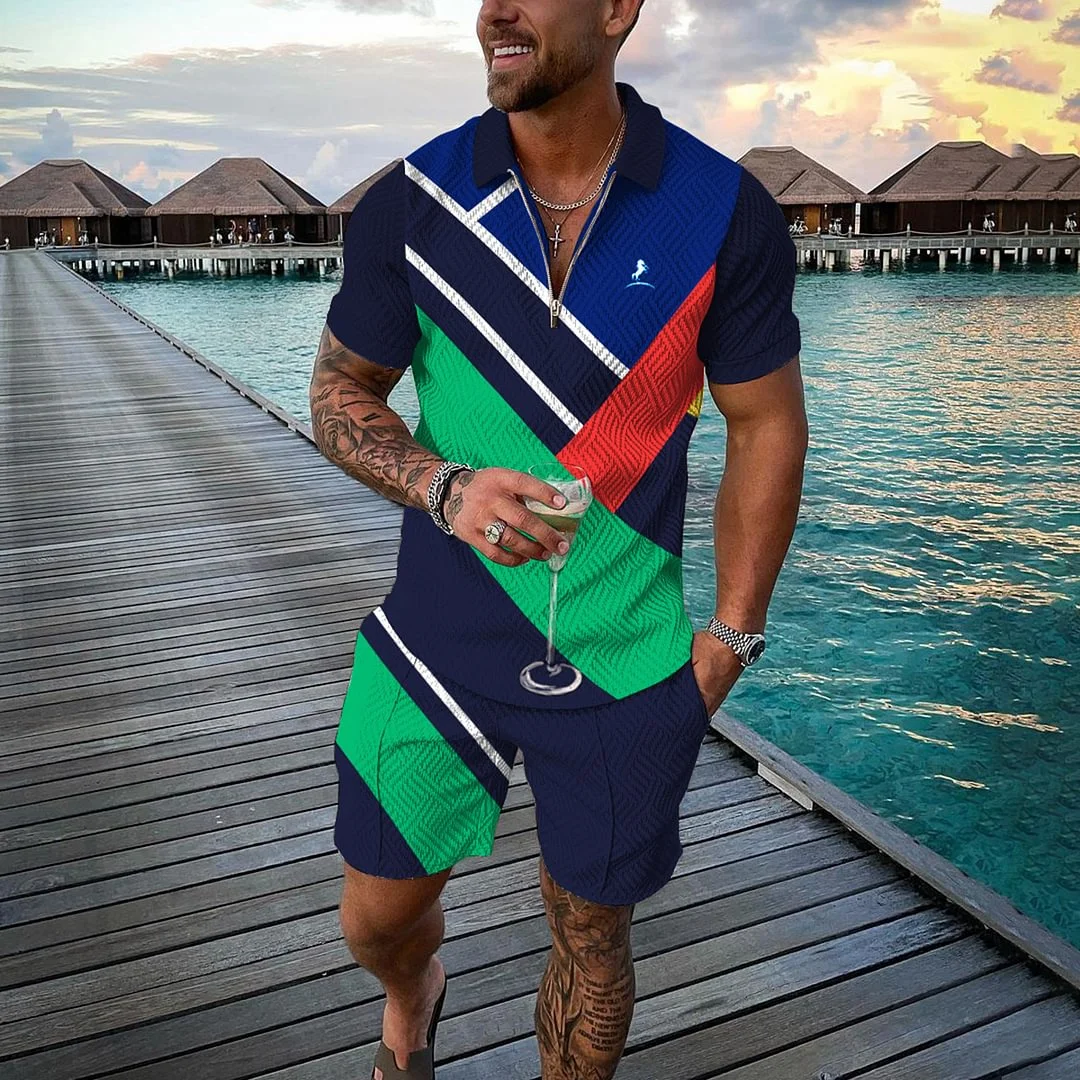 Color block fashion lapel polo shirt set