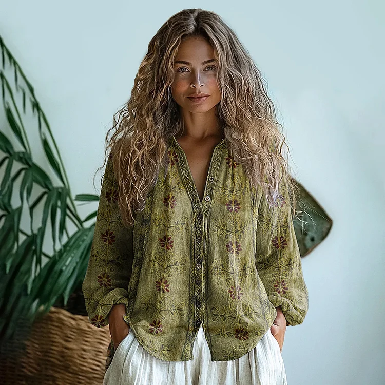Vintage Tribal Floral Art Button Casual Shirt