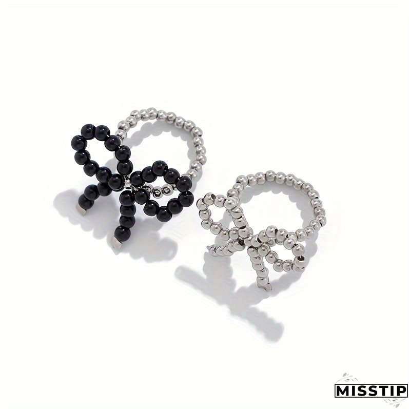 Vintage Elegant Imitation Pearl Butterfly Knot Open Ring Set, 2-Piece Adjustable Statement Rings, Alloy No Plating, Daily & Gift Occasions, Valentine's Day Holiday Jewelry